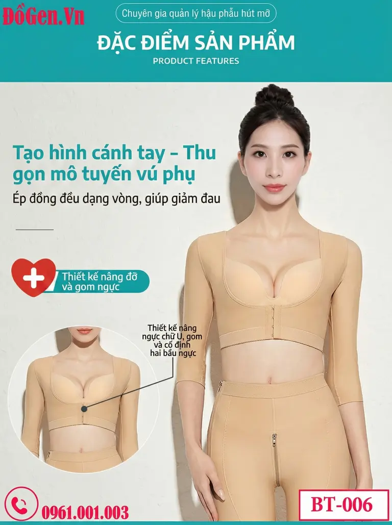 woman wearing arm compression garment after liposuction, clean background