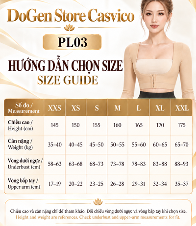 Bảng size áo gen bắp tay PL03 Casvico màu da từ XXS đến XXL
