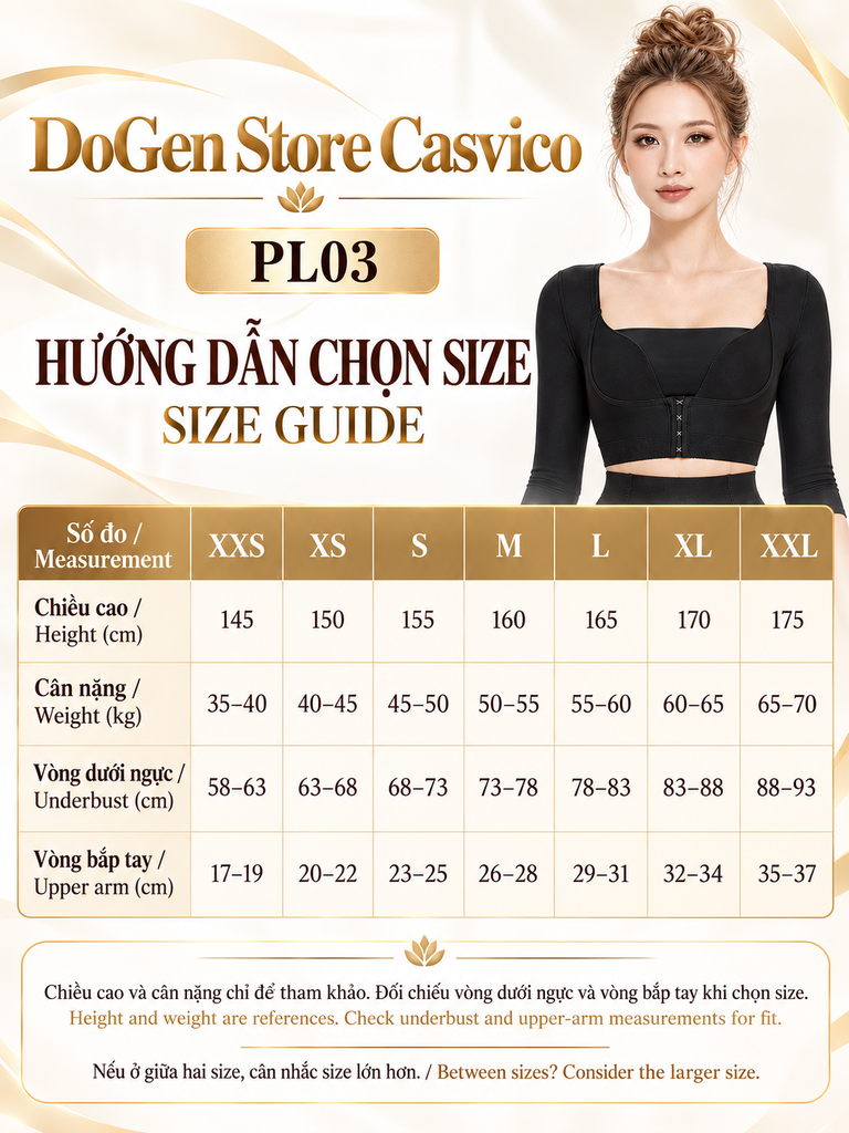 Bảng size áo gen bắp tay PL03 màu đen từ XXS đến XXL