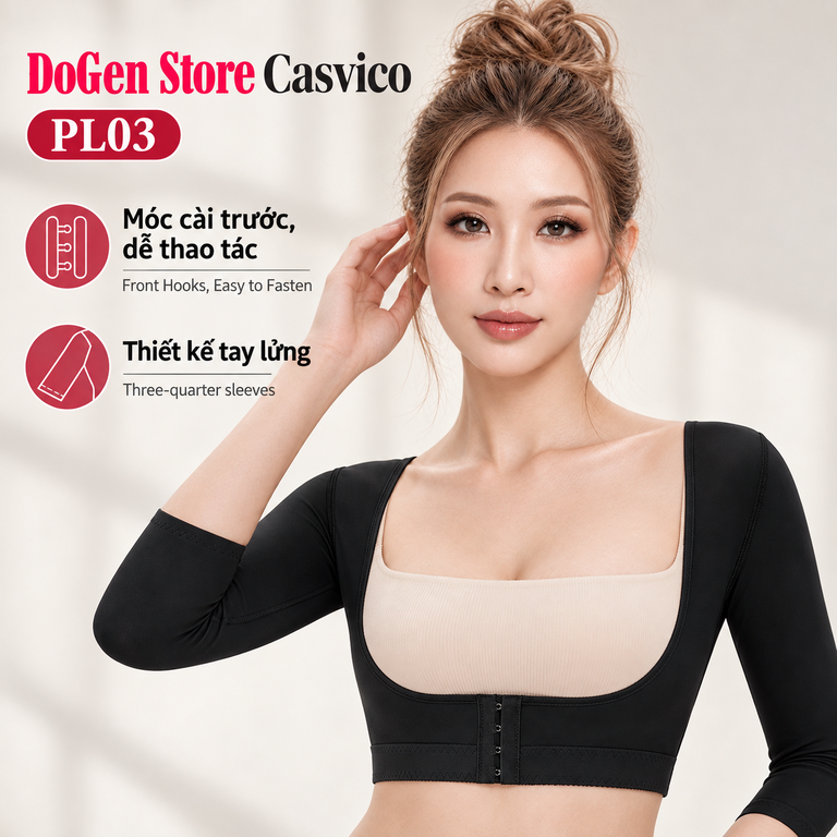 Người mẫu mặc áo gen PL03 màu đen với móc cài trước và tay áo dài qua khuỷu