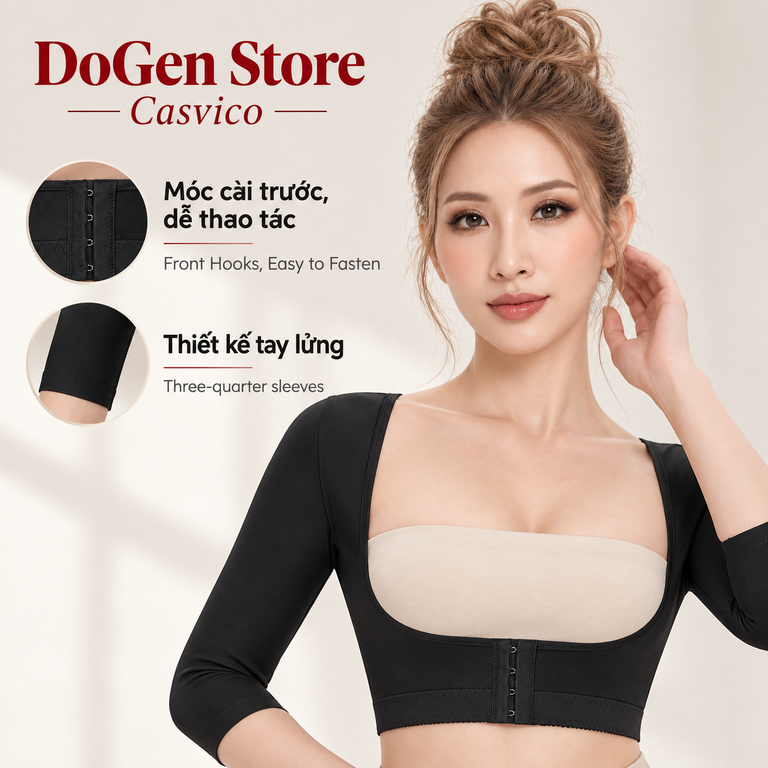 Chi tiết móc cài trước và tay lửng của áo gen bắp tay PL03 màu đen