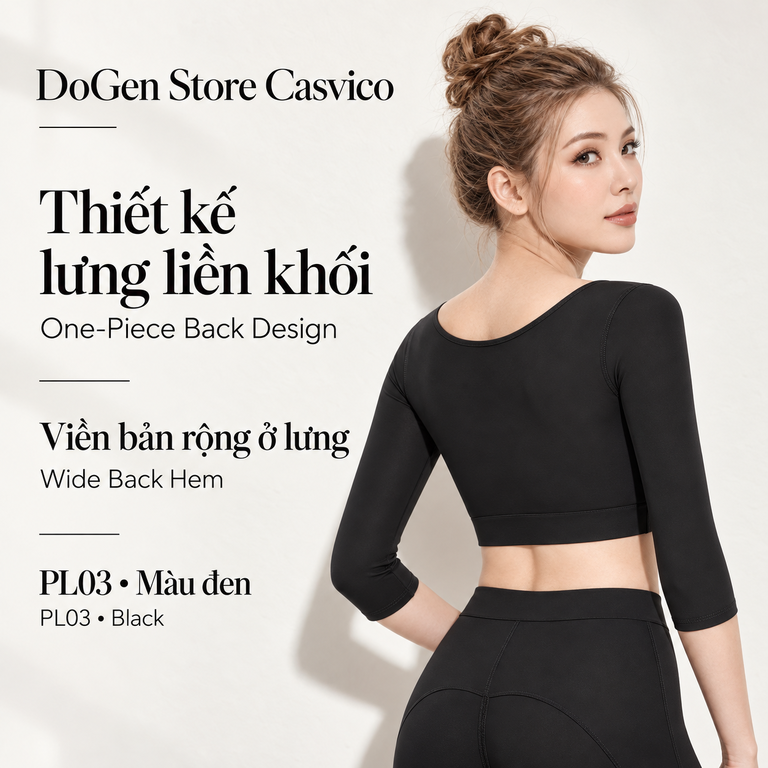 Mặt sau áo gen bắp tay PL03 màu đen với lưng áo liền tấm