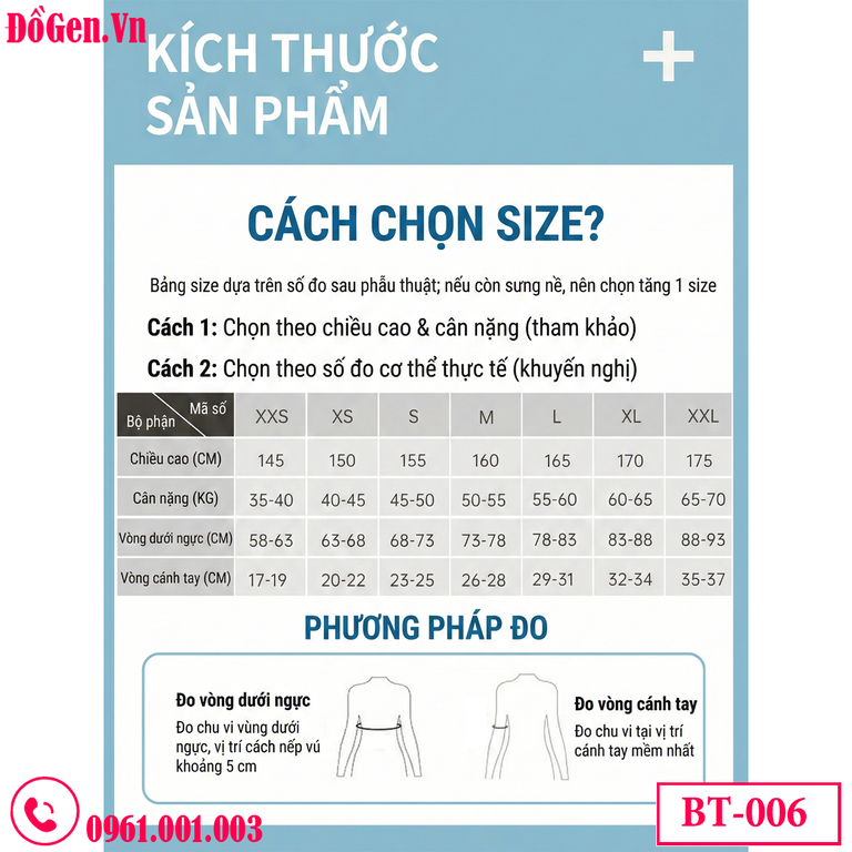 bảng size kích thước gen nịt tay sau phẫu thuật thẩm mỹ