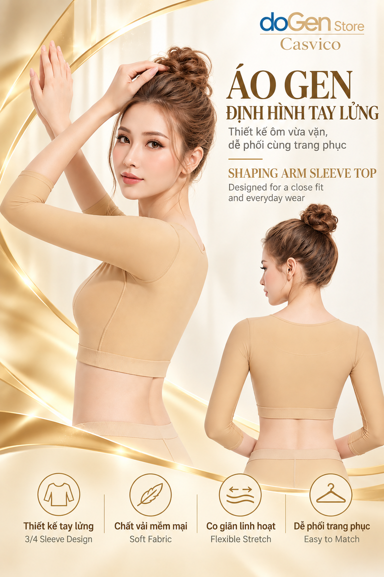 Áo gen định hình bắp tay PL21 Casvico mặt trước và mặt sau