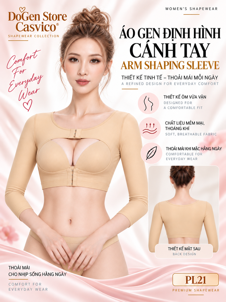 Áo gen định hình bắp tay PL21 Casvico thiết kế hở ngực và cài trước