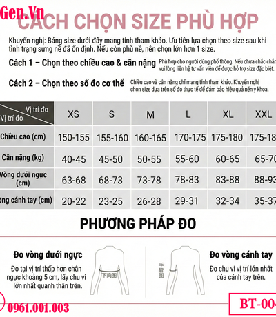 bảng size chuẩn cho Áo Gen Định Hình Bắp Tay Chuẩn Y Khoa BT 004: Hỗ Trợ Sau Hút Mỡ & Chỉnh Dáng Cột Sống