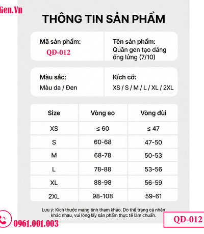 bảng kích thước QUẦN GEN SAU HÚT MỠ ĐÙI