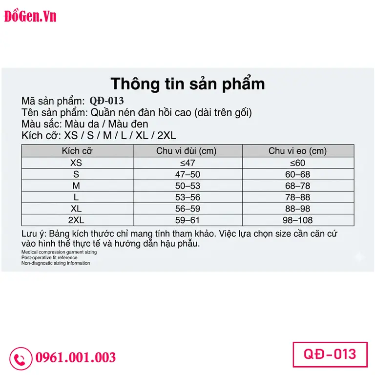 bảng size chuẩn Quần Gen Định Hình Đùi Sau Hút Mỡ QĐ-013 - Nén Ép Mô Sau Phẩu Thuật