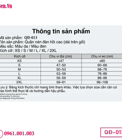bảng size chuẩn Quần Gen Định Hình Đùi Sau Hút Mỡ QĐ-013 - Nén Ép Mô Sau Phẩu Thuật