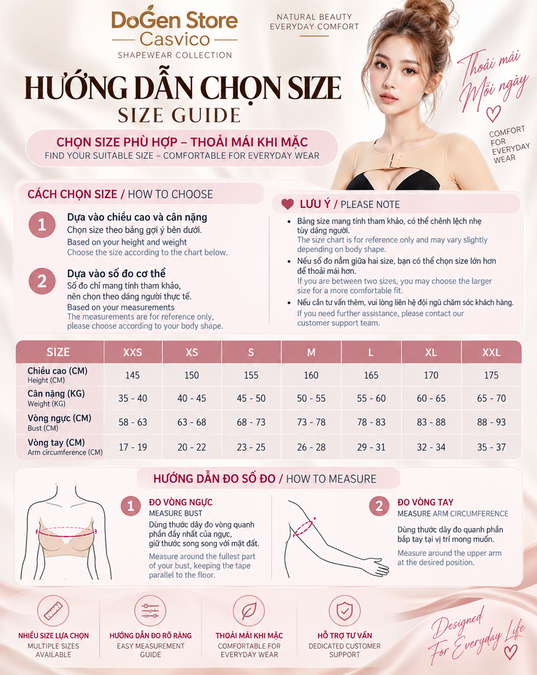 Bảng size áo gen định hình bắp tay PL21 Casvico từ XXS đến XXL