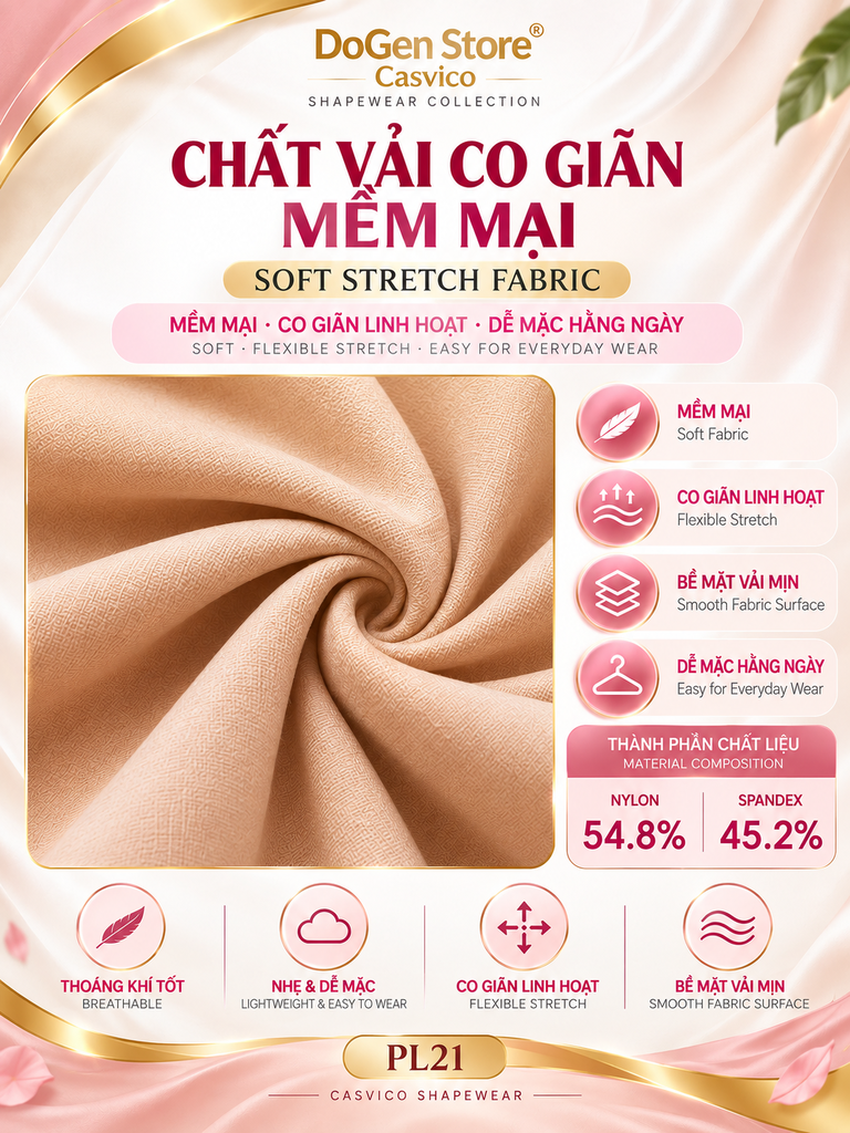 Chất liệu áo gen PL21 Casvico với 54,8% Nylon và 45,2% Spandex