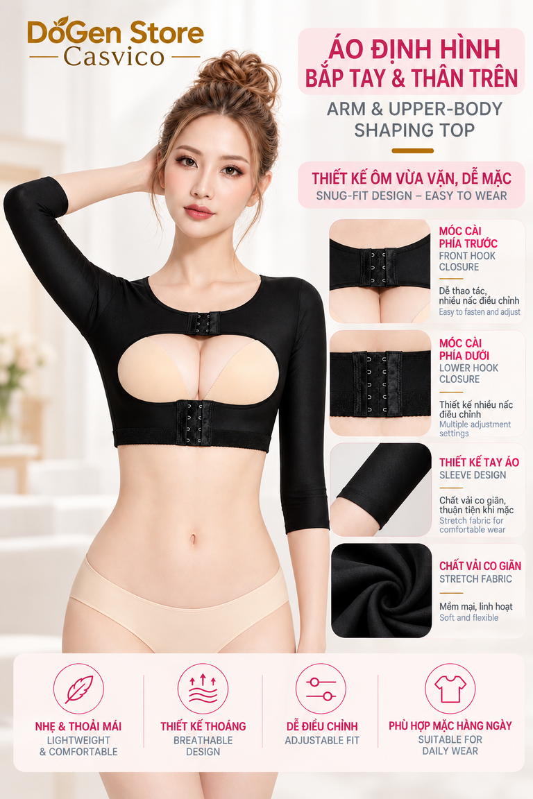 Áo gen định hình bắp tay và thân trên PL21 Casvico màu đen mặt trước