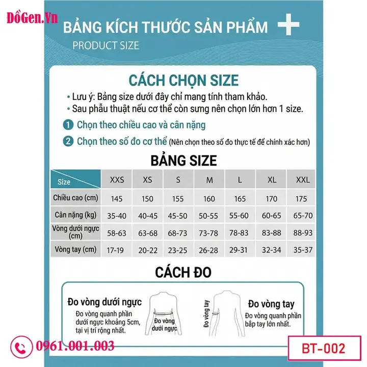bảng size Áo gen ép bắp tay chuyên sâu ép phẳng hoàn toàn vùng mỡ nách lồi ra khi mặc bra.