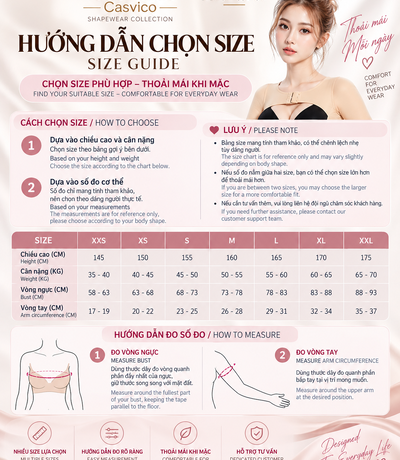 Bảng size áo gen định hình bắp tay PL21 Casvico từ XXS đến XXL