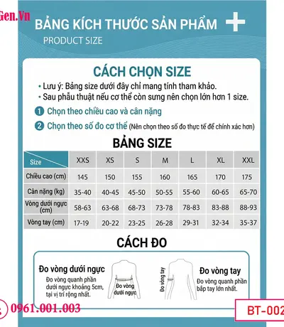 bảng size Áo gen ép bắp tay chuyên sâu ép phẳng hoàn toàn vùng mỡ nách lồi ra khi mặc bra.