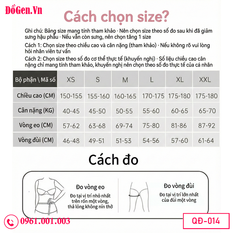 bảng size quần gen dài hỗ trợ hồi phục sau hút mỡ