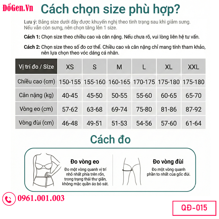 bảng kích thước Quần gen phục hồi sau hút mỡ giúp hạn chế lồi lõm da hiệu quả