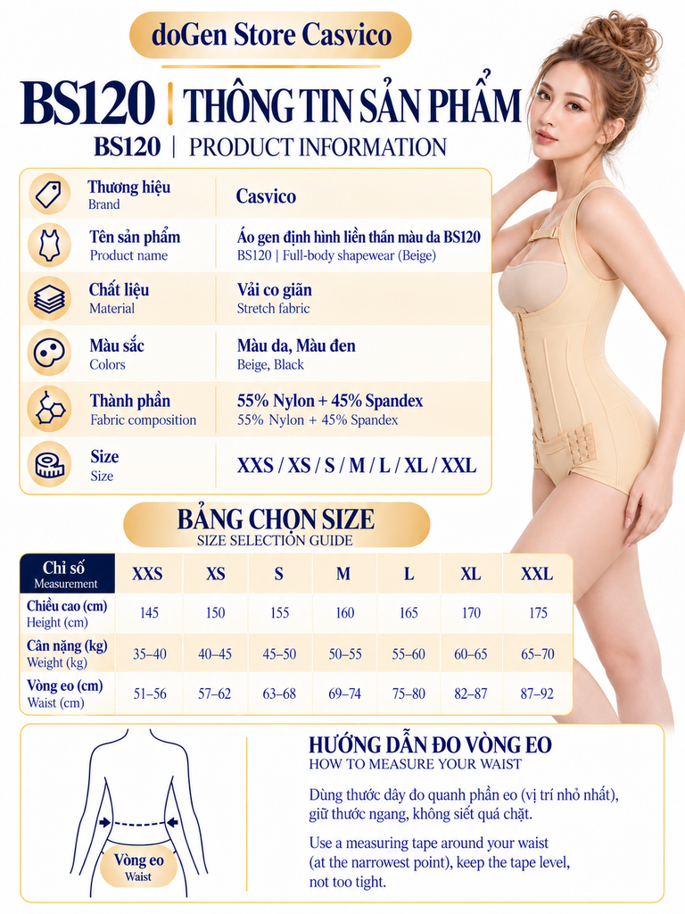 Bảng thông số và size XXS đến XXL của áo gen định hình BS120 Casvico