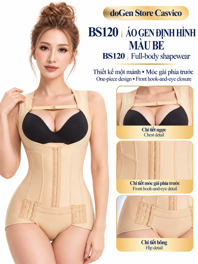 Áo gen định hình BS120 Casvico màu da cùng hình chi tiết phần ngực, móc gài và hông