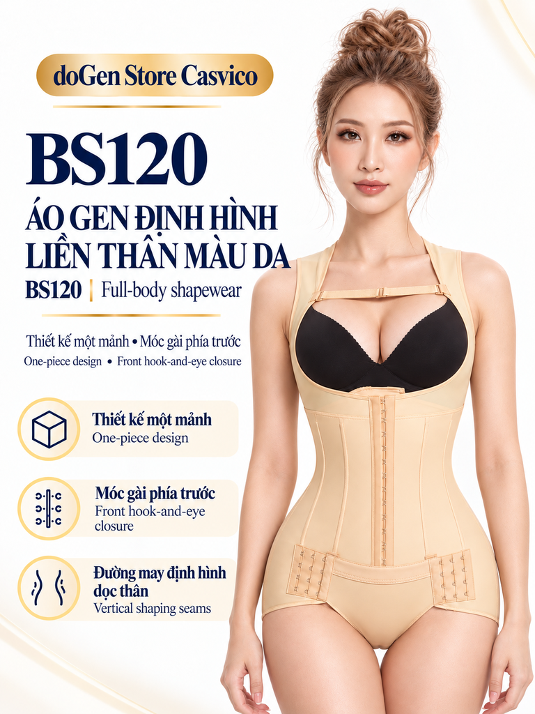 Người mẫu mặc áo gen định hình toàn thân BS120 màu da, nhìn chính diện