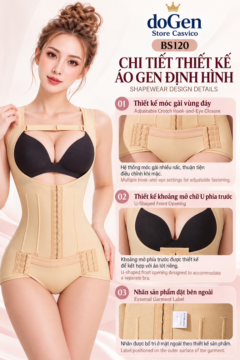Poster chi tiết áo gen BS120 màu da gồm móc gài vùng đáy, khoảng mở ngực và nhãn