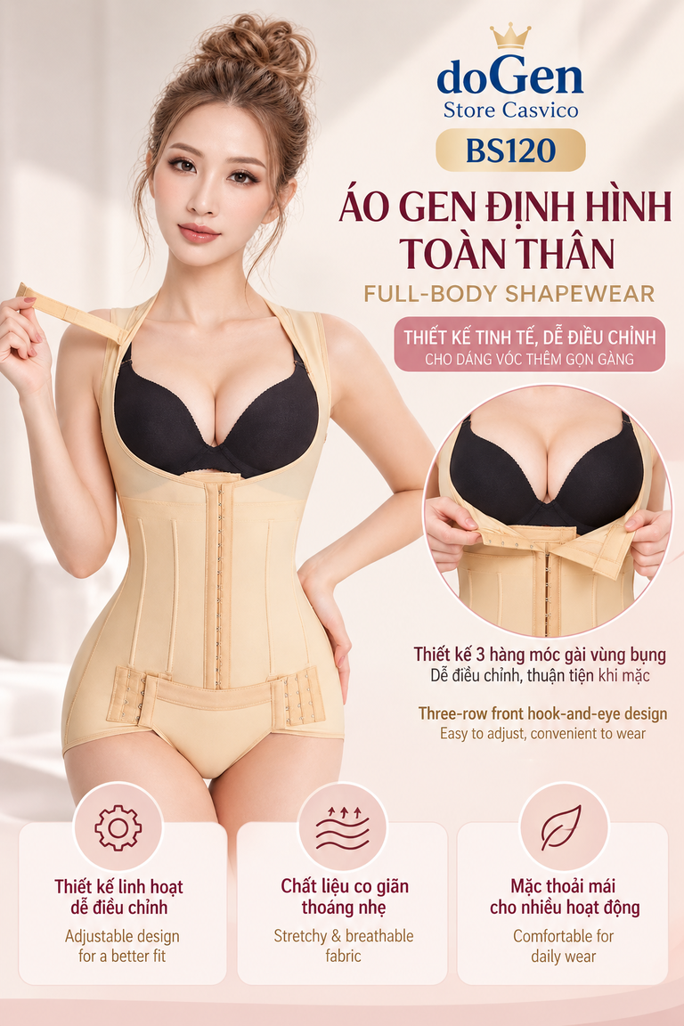 Người mẫu giới thiệu phần móc gài điều chỉnh phía trước của áo gen BS120