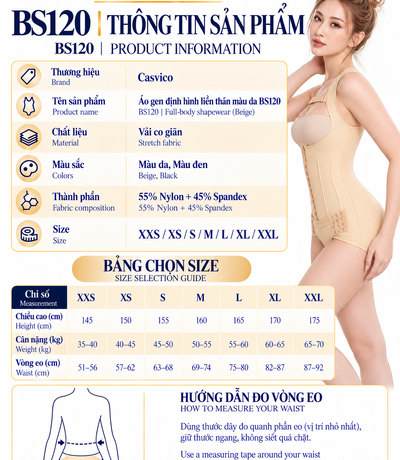 Bảng thông số và size XXS đến XXL của áo gen định hình BS120 Casvico