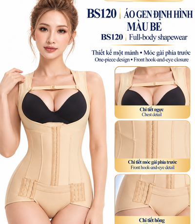 Áo gen định hình BS120 Casvico màu da cùng hình chi tiết phần ngực, móc gài và hông