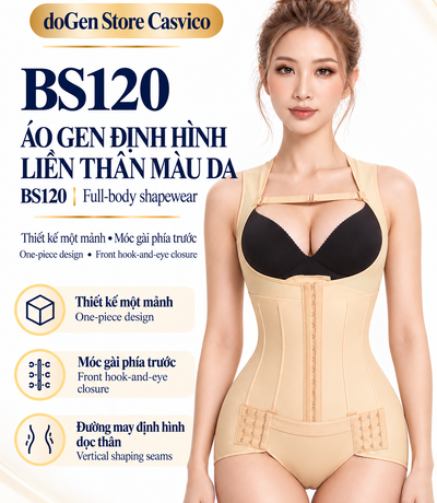 Người mẫu mặc áo gen định hình toàn thân BS120 màu da, nhìn chính diện