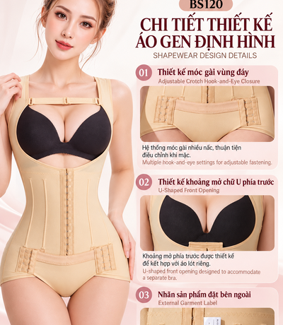 Poster chi tiết áo gen BS120 màu da gồm móc gài vùng đáy, khoảng mở ngực và nhãn