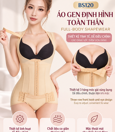 Người mẫu giới thiệu phần móc gài điều chỉnh phía trước của áo gen BS120