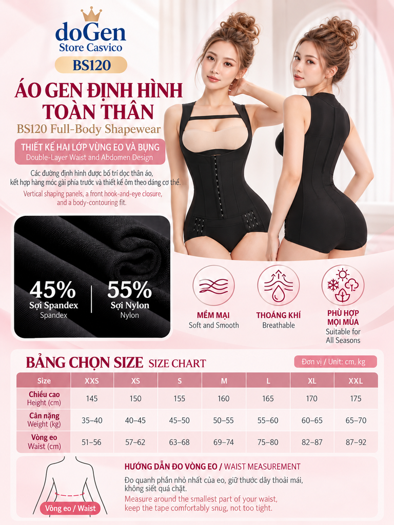 Poster BS120 màu đen giới thiệu mặt trước, mặt sau, thành phần vải và bảng chọn size