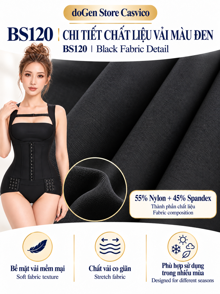 Cận cảnh bề mặt vải đen BS120 Casvico, ghi thành phần 55% Nylon và 45% Spandex