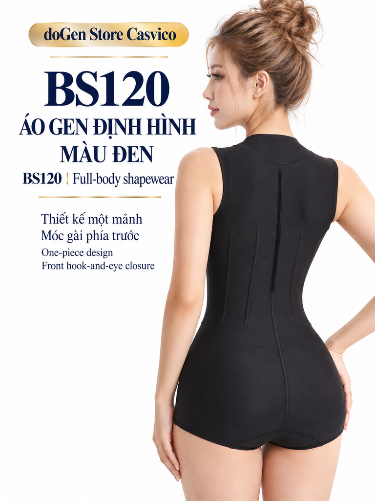 Người mẫu mặc áo gen BS120 màu đen nhìn từ phía sau, thể hiện đường may dọc lưng và phần quần ngắn