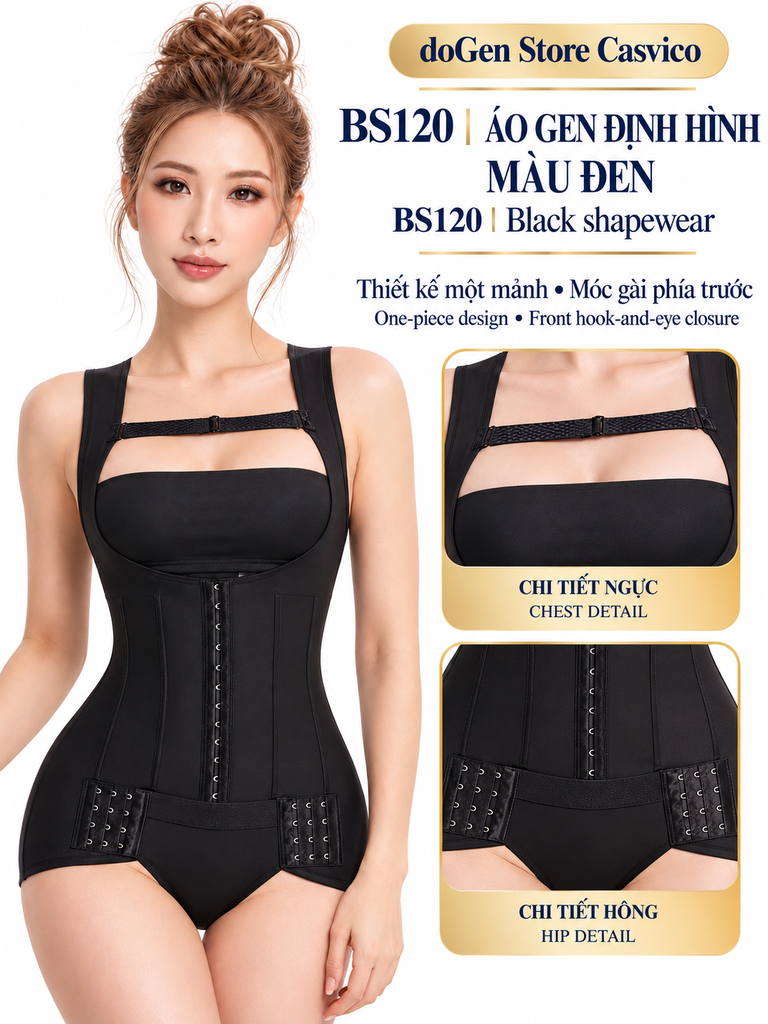 Áo gen BS120 màu đen cùng hai hình cận cảnh đai ngang ngực và móc gài vùng hông