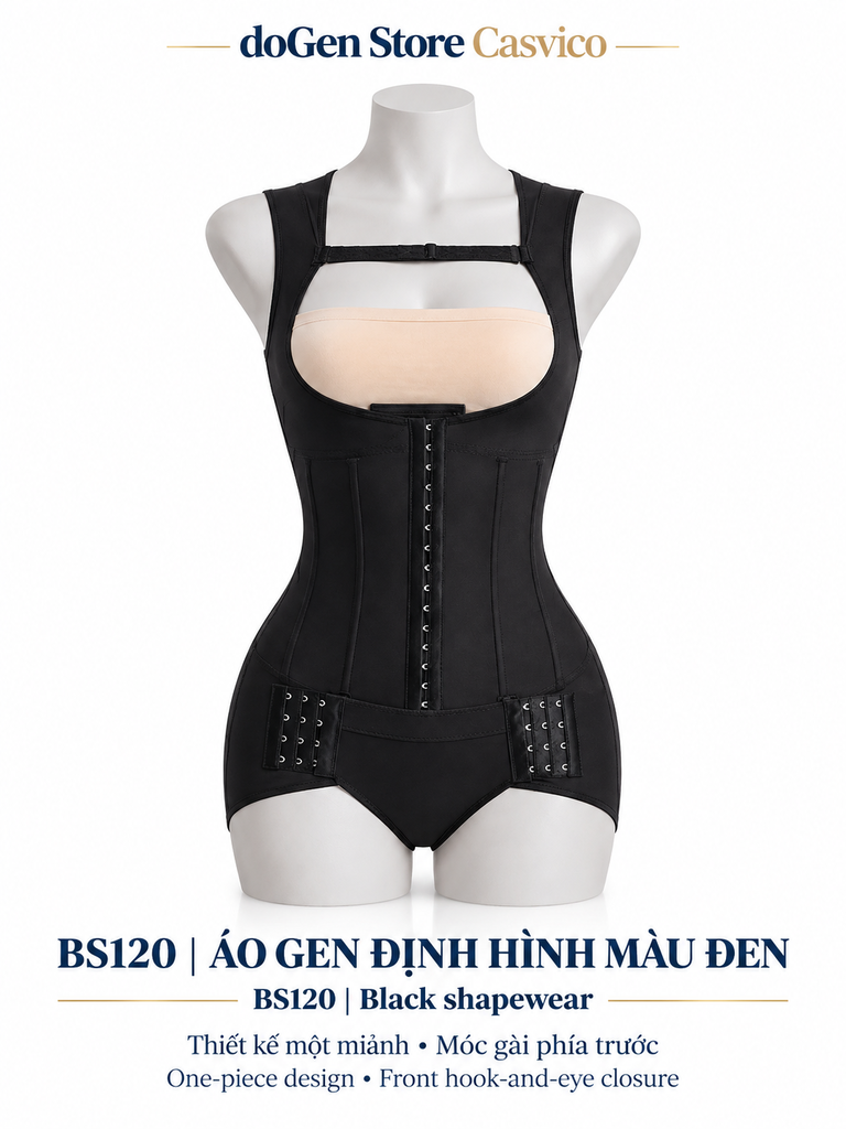 Áo gen định hình BS120 Casvico màu đen trên mannequin, thiết kế liền thân với móc gài phía trước