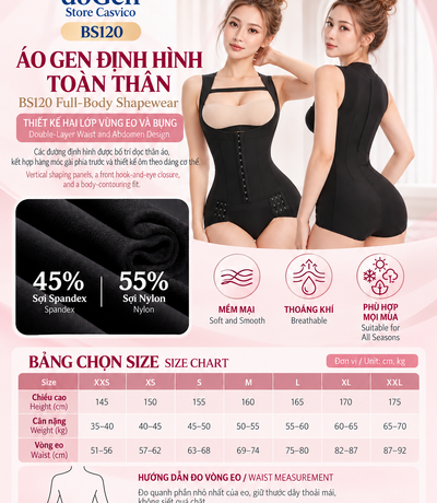 Poster BS120 màu đen giới thiệu mặt trước, mặt sau, thành phần vải và bảng chọn size