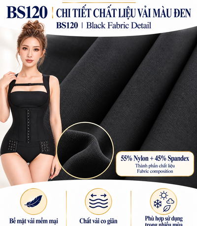 Cận cảnh bề mặt vải đen BS120 Casvico, ghi thành phần 55% Nylon và 45% Spandex