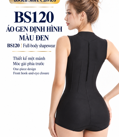 Người mẫu mặc áo gen BS120 màu đen nhìn từ phía sau, thể hiện đường may dọc lưng và phần quần ngắn