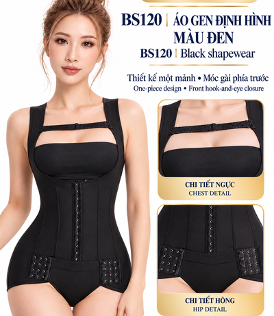 Áo gen BS120 màu đen cùng hai hình cận cảnh đai ngang ngực và móc gài vùng hông