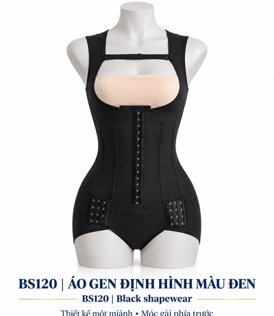 Áo gen định hình BS120 Casvico màu đen trên mannequin, thiết kế liền thân với móc gài phía trước