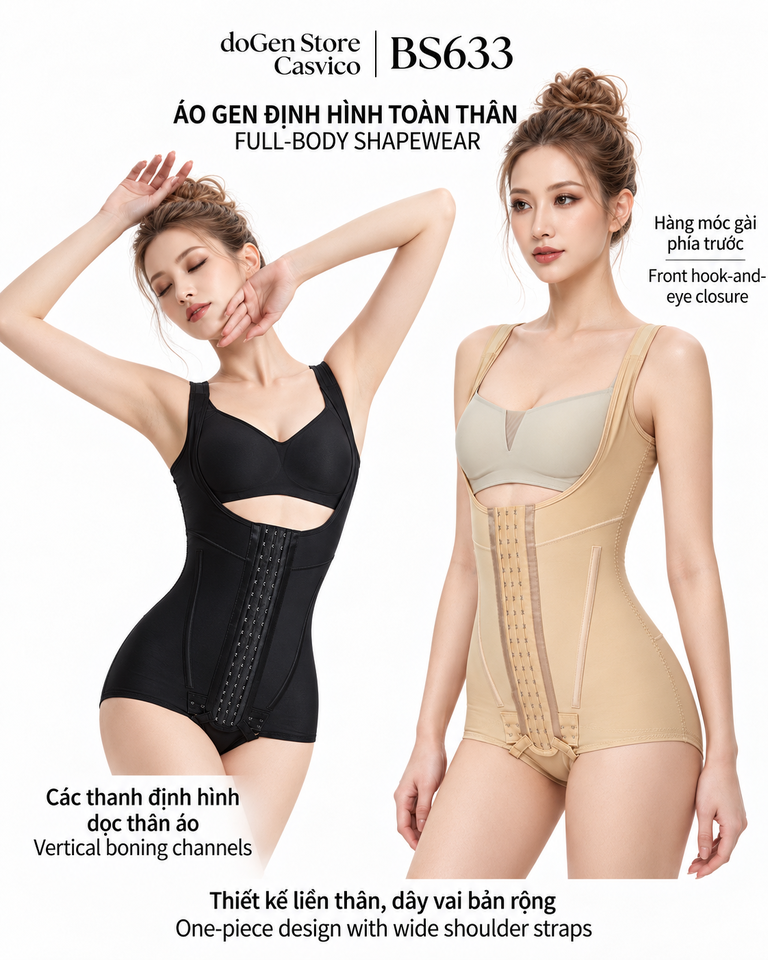 White-background poster with two models wearing BS633 in Black and Nude, showing front closures and straps
