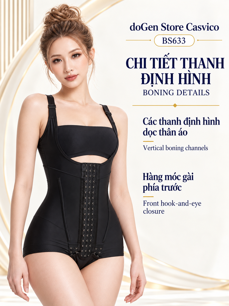 Model wearing BS633 Black with a bandeau underneath, showing the front closure and boning channels