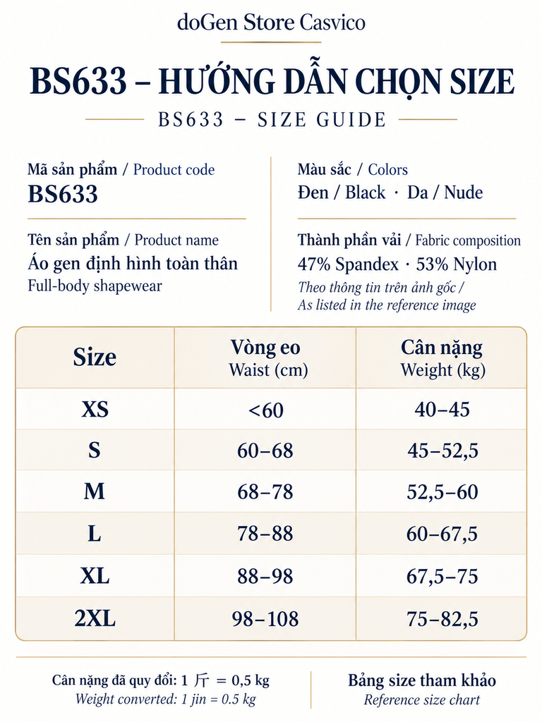 Bảng size Áo gen định hình toàn thân BS633 màu đen - Casvico BS633 Full-body Shapewear — Black