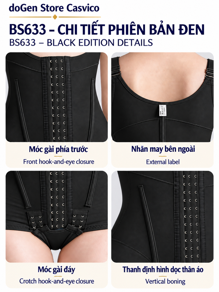 Four close-ups of BS633 Black showing the front closure, back label, crotch closure and boning channel