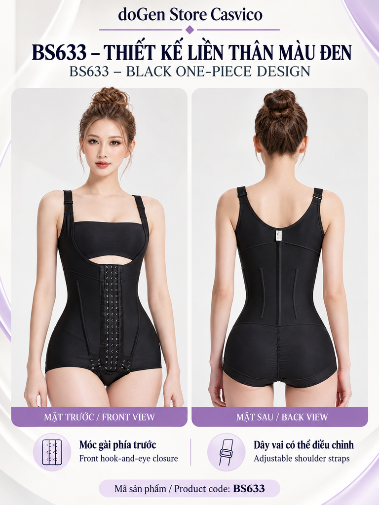 Front and back views of BS633 Black shapewear with front hook-and-eye closure and adjustable straps