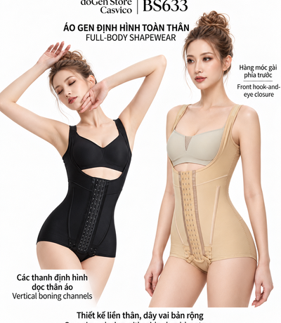 White-background poster with two models wearing BS633 in Black and Nude, showing front closures and straps