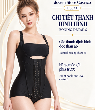 Model wearing BS633 Black with a bandeau underneath, showing the front closure and boning channels