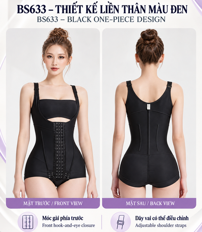 Front and back views of BS633 Black shapewear with front hook-and-eye closure and adjustable straps