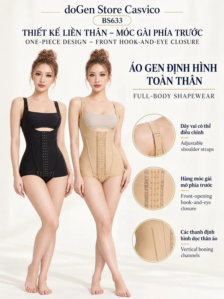 Hai người mẫu mặc BS633 màu đen và màu da, kèm ảnh cận dây vai điều chỉnh, móc gài trước và đường bọc thanh định hình